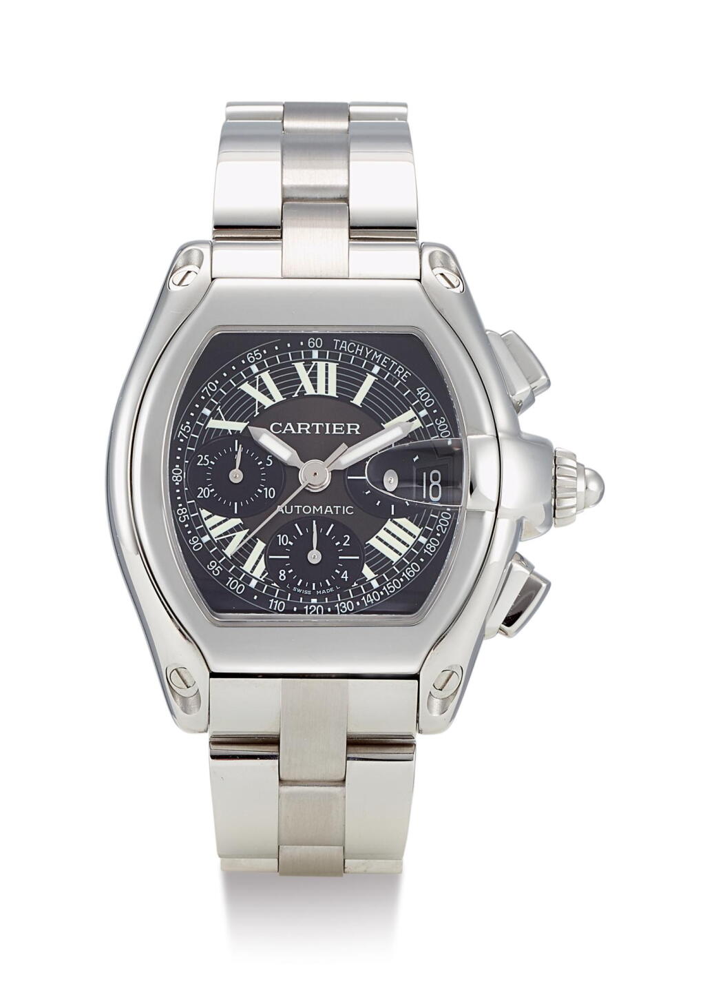 View full screen - View 1 of Lot 8133. CARTIER | ROADSTAR CHRONOGRAPH, REFERENCE 2618, A STAINLESS STEEL CHRONOGRAPH WRISTWATCH WITH BRACELET AND DATE, CIRCA 2005.