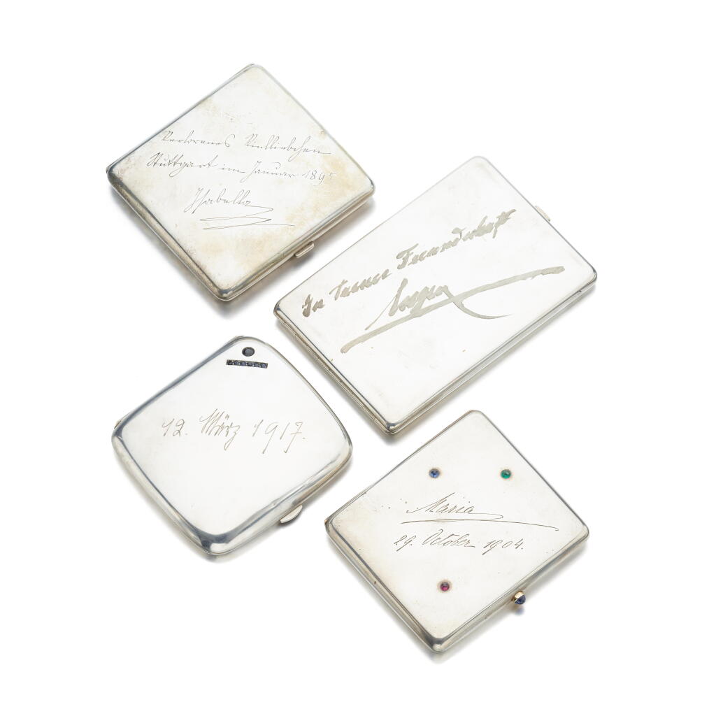 View full screen - View 1 of Lot 1013. Collection of four silver and gem set cigarette cases, late 19th and early 20th century.