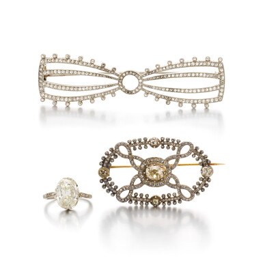 View full screen - View 1 of Lot 49. Diamond ring, a diamond brooch, 19th century, and a diamond brooch, circa 1910.