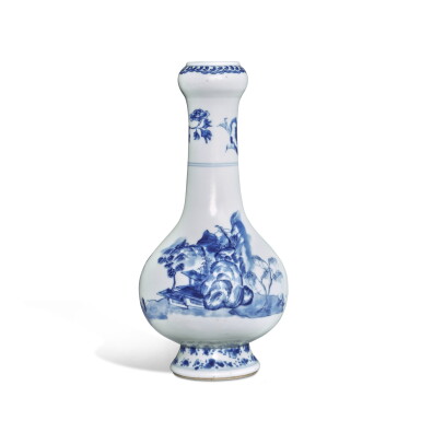 View full screen - View 1 of Lot 339. A blue and white 'landscape' garlic-mouth vase, Qing dynasty, Kangxi period | 清康熙 青花山水人物圖蒜頭瓶.