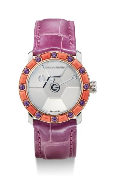 View full screen - View 1 of Lot 8078. GERALD CHARLES | STAR LADY, A SET OF TWO STAINLESS STEEL AND DIAMOND, YELLOW SAPPHIRE, OYNX, AMETHYST AND CORAL-SET WRISTWATCHES, CIRCA 2000.