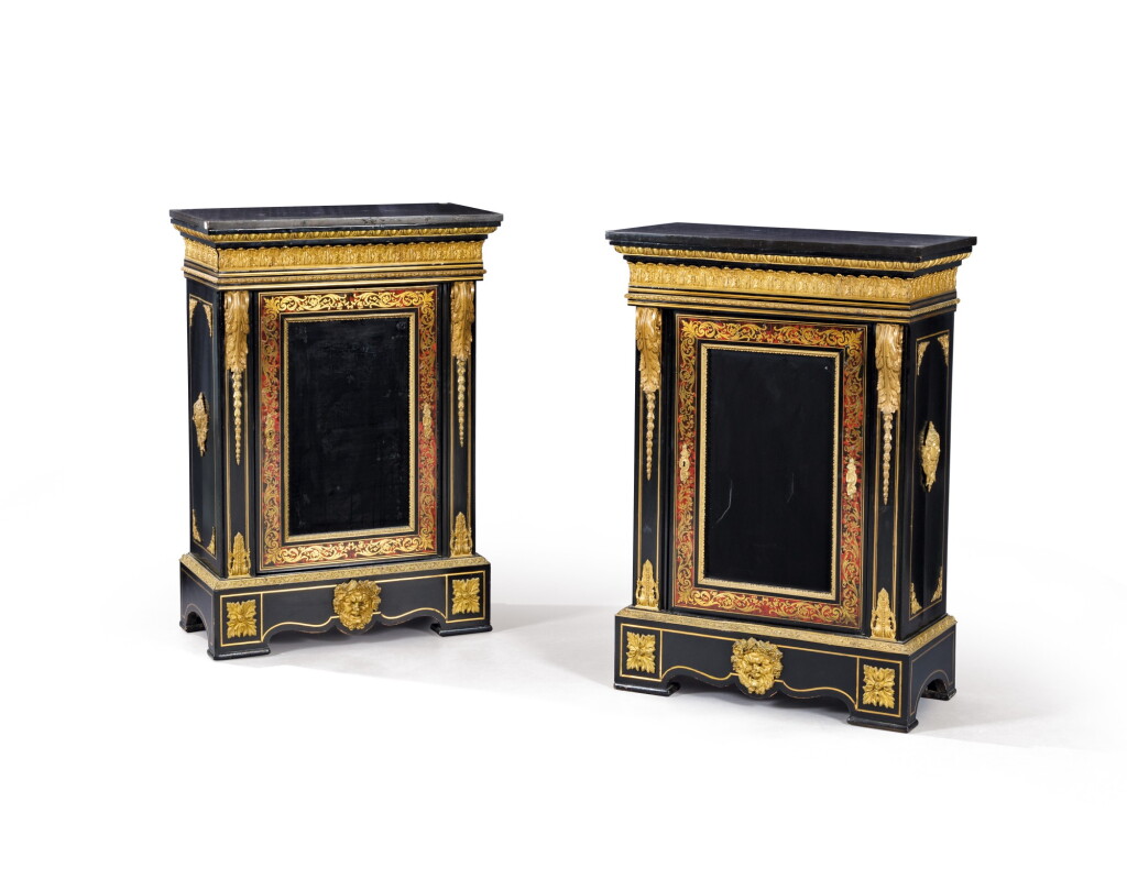View full screen - View 1 of Lot 179. A pair of French gilt-bronze mounted, ebony, tortoiseshell and brass marquetry cabinets, Napoleon III.