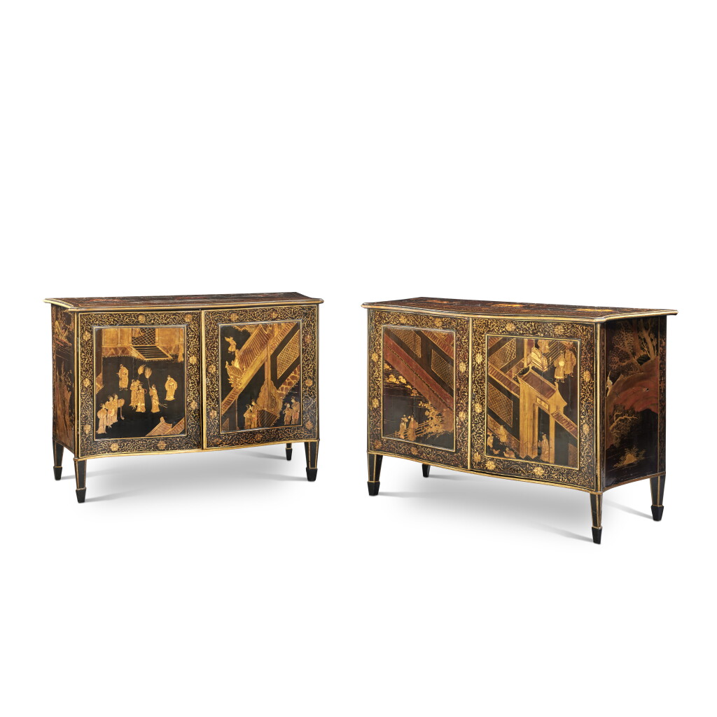 View full screen - View 1 of Lot 125. A Pair of George III Chinese Lacquer and Black and Gold Japanned Commodes, Circa 1780.