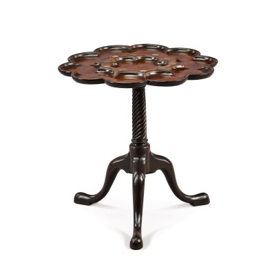 View full screen - View 1 of Lot 43. A George II brass and mother-of-pearl inlaid mahogany tripod tea table, the top attributed to Frederick Hintz.