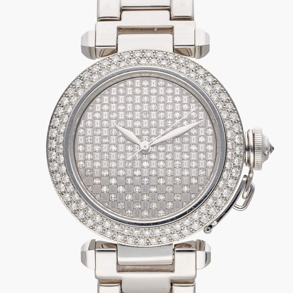 View full screen - View 1 of Lot 487. Reference 2308 Pasha | A white gold and diamond-set automatic wristwatch with date and bracelet, Circa 2000.