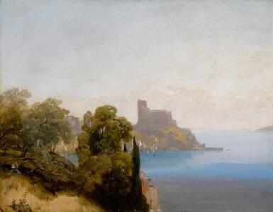 View full screen - View 1 of Lot 36. View of Lerici with Baron Charles Rivet sketching in the foreground.