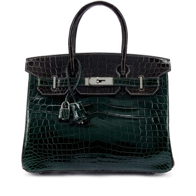 View full screen - View 1 of Lot 9762. Important Private Collection: Vert Rousseau, Graphite and Vert Fonce Shiny Niloticus Crocodile Custom Birkin 30 Palladium Hardware, 2007.