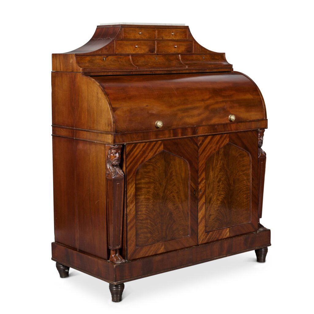 View full screen - View 1 of Lot 174. A Classical Carved and Figured Mahogany and Satinwood Cylinder Desk, Attributed to Joseph B. Barry (1757-1838), Philadelphia, Pennsylvania, Circa 1815.