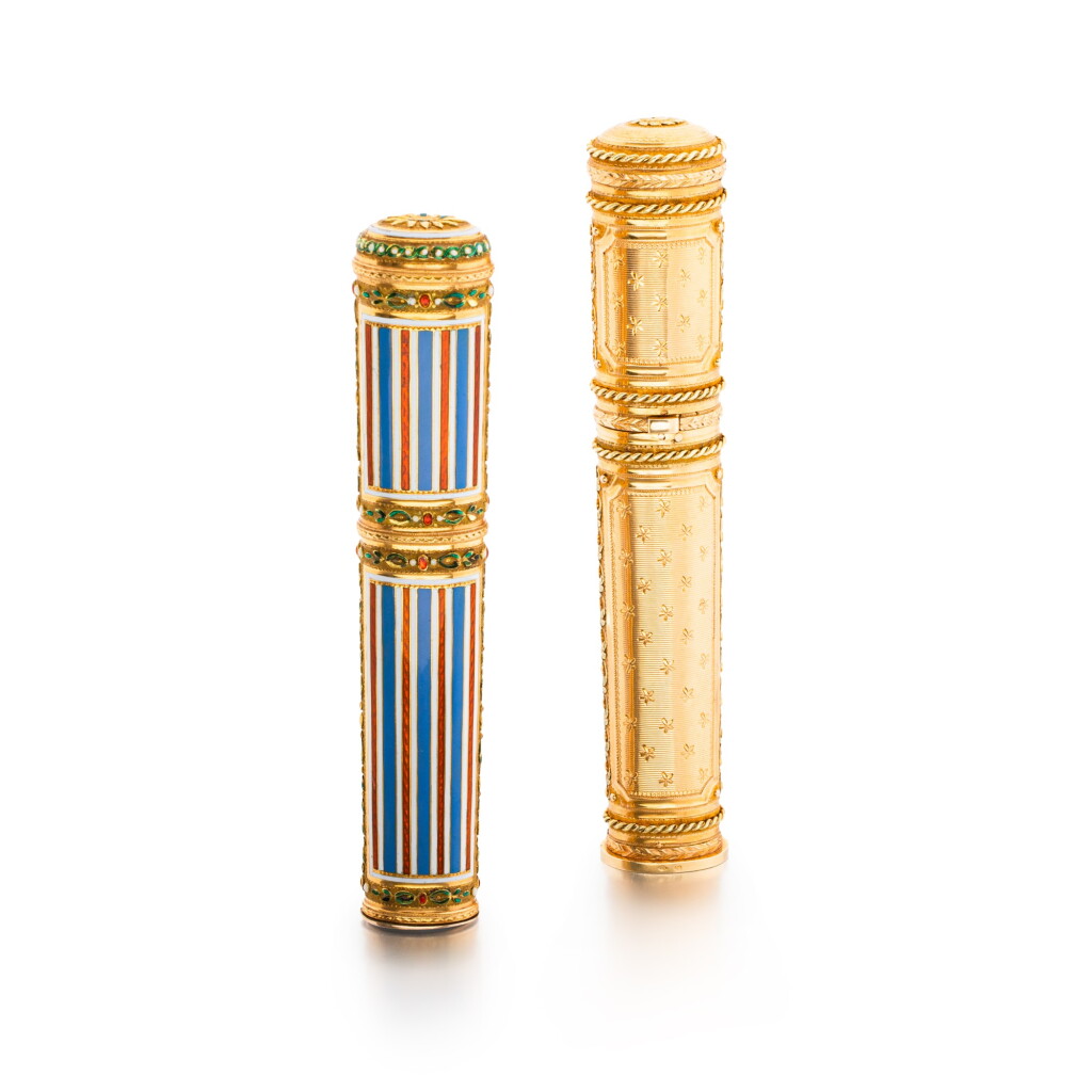 View full screen - View 1 of Lot 1190. A gold and enamel etui-à-cire, Alexis Proffit, Paris, 1787, and a gold example, of similar date.