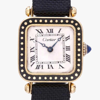 View full screen - View 1 of Lot 96. Carré - Émail Noir | A yellow gold cushion-form wristwatch with decorative black enamel inlay, with original gold deployant clasp | Circa 1919.