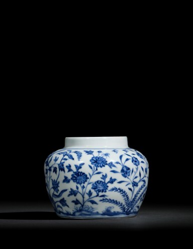View full screen - View 1 of Lot 819. An exceptionally rare and finely painted blue and white 'floral' jar, Mark and period of Chenghua | 明成化 青花九秋圖罐 《大明成化年製》款.