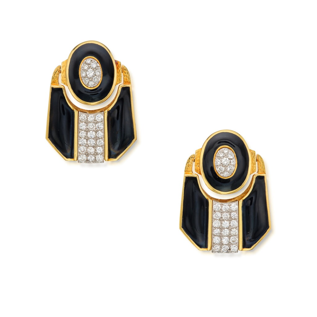 View full screen - View 1 of Lot 254. Pair of Gold, Diamond and Enamel Earclips.