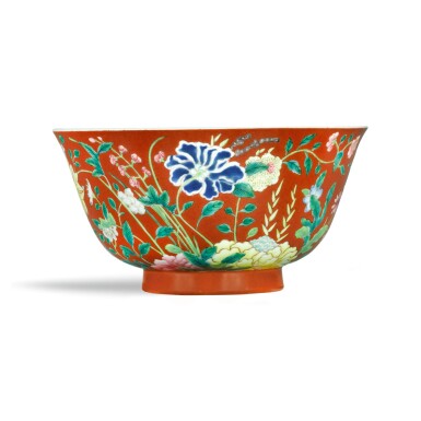 View full screen - View 1 of Lot 204. A CORAL-RED-GROUND FAMILLE-ROSE BOWL, DAOGUANG SEAL MARK AND PERIOD | 清道光 珊瑚紅地粉彩九秋同慶盌 《大清道光年製》款.