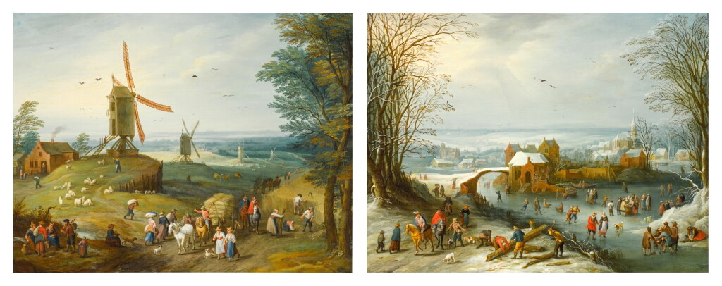 View full screen - View 1 of Lot 112. Summer: peasants on horseback surrounded by others harvesting wheat, windmills beyond; and Winter: skaters and townsfolk on a frozen river, a village beyond.