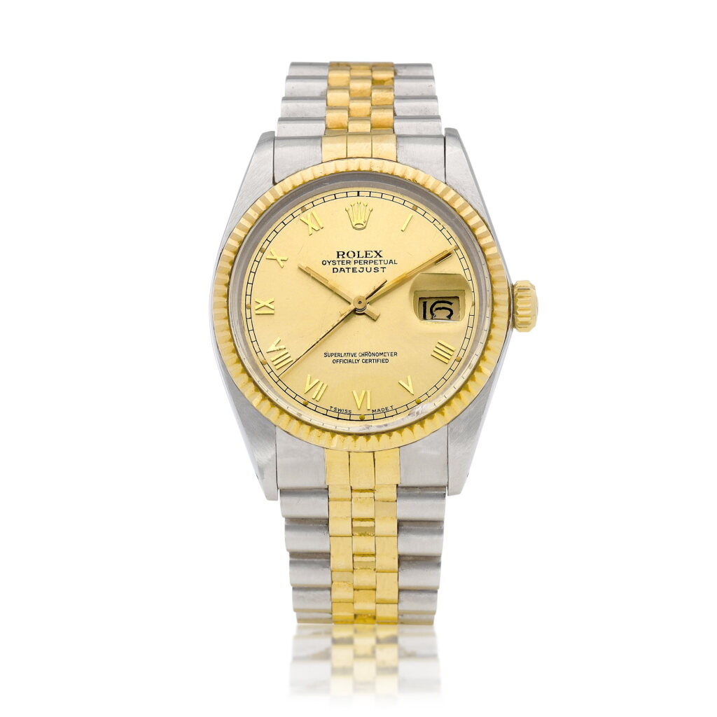 View full screen - View 1 of Lot 8886. DateJust, Reference 16013 | A yellow gold and stainless steel wristwatch with date and bracelet, Circa 1986 | 勞力士 | DateJust 型號16013 | 黃金及精鋼鏈帶腕錶,備日期顯示,約1986年製.