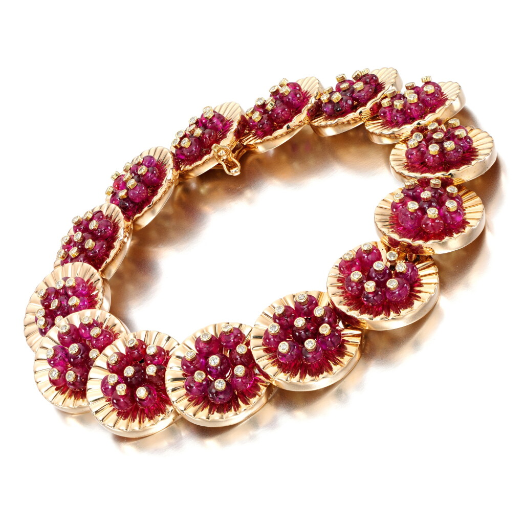 View full screen - View 1 of Lot 64. Ruby and diamond bracelet, 1977.