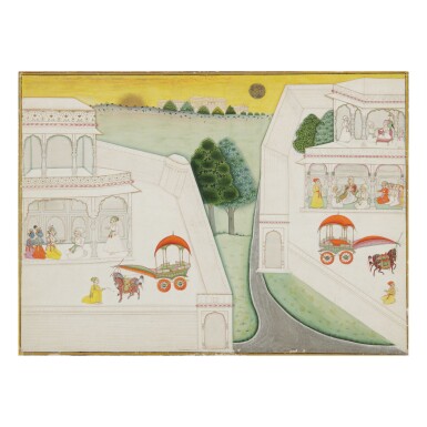 View full screen - View 1 of Lot 367. AN ILLUSTRATION TO A BHAGAVATA PURANA SERIES: AKRURA TRAVELS TO HASTINAPURA TO MEET KUNTI, BIKANER, INDIA, CIRCA 1690-1710.