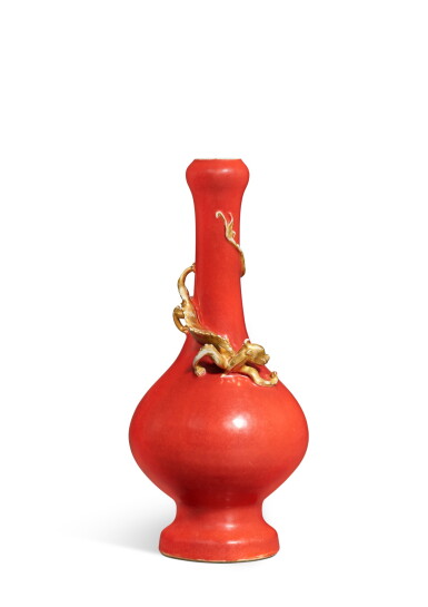 View full screen - View 1 of Lot 3628. A rare coral-red and gilt-decorated 'chilong' garlic-mouth vase, Qing dynasty, Yongzheng period | 清雍正 珊瑚紅釉塑貼描金螭龍蒜頭瓶.