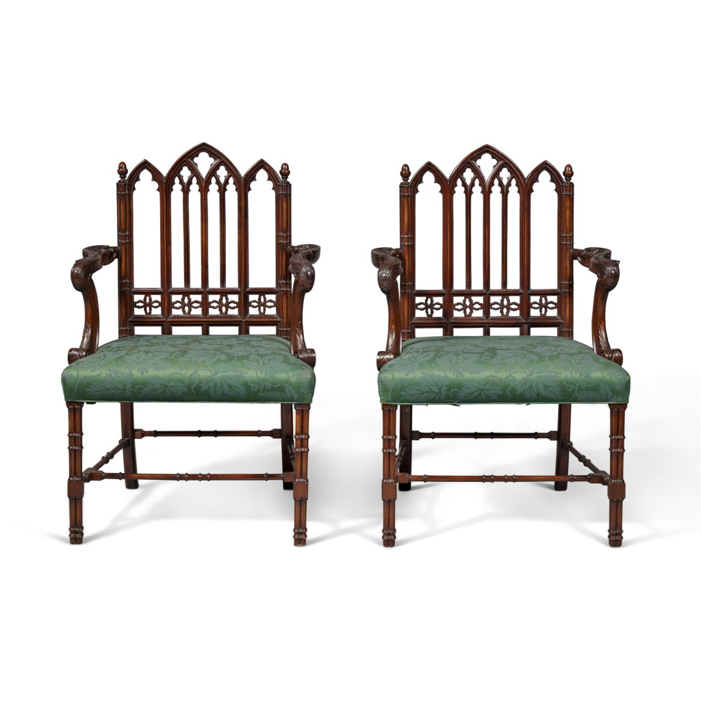 View full screen - View 1 of Lot 17. A Pair of George III Style Neo-Gothic Mahogany Armchairs .