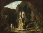 The interior of a cave with figures resting by a cenotaph