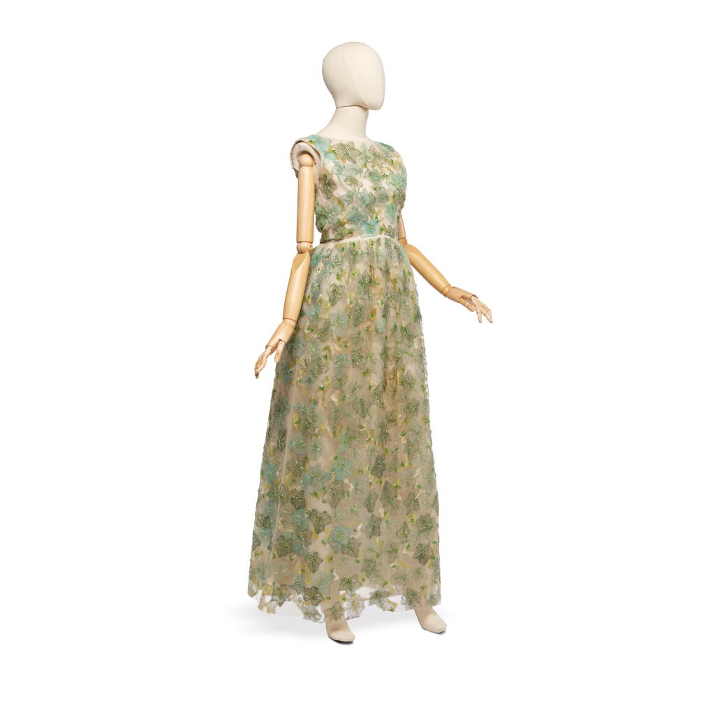 View full screen - View 1 of Lot 16. Haute Couture Leaf Appliquéd Tulle Evening Gown, early 1960s.