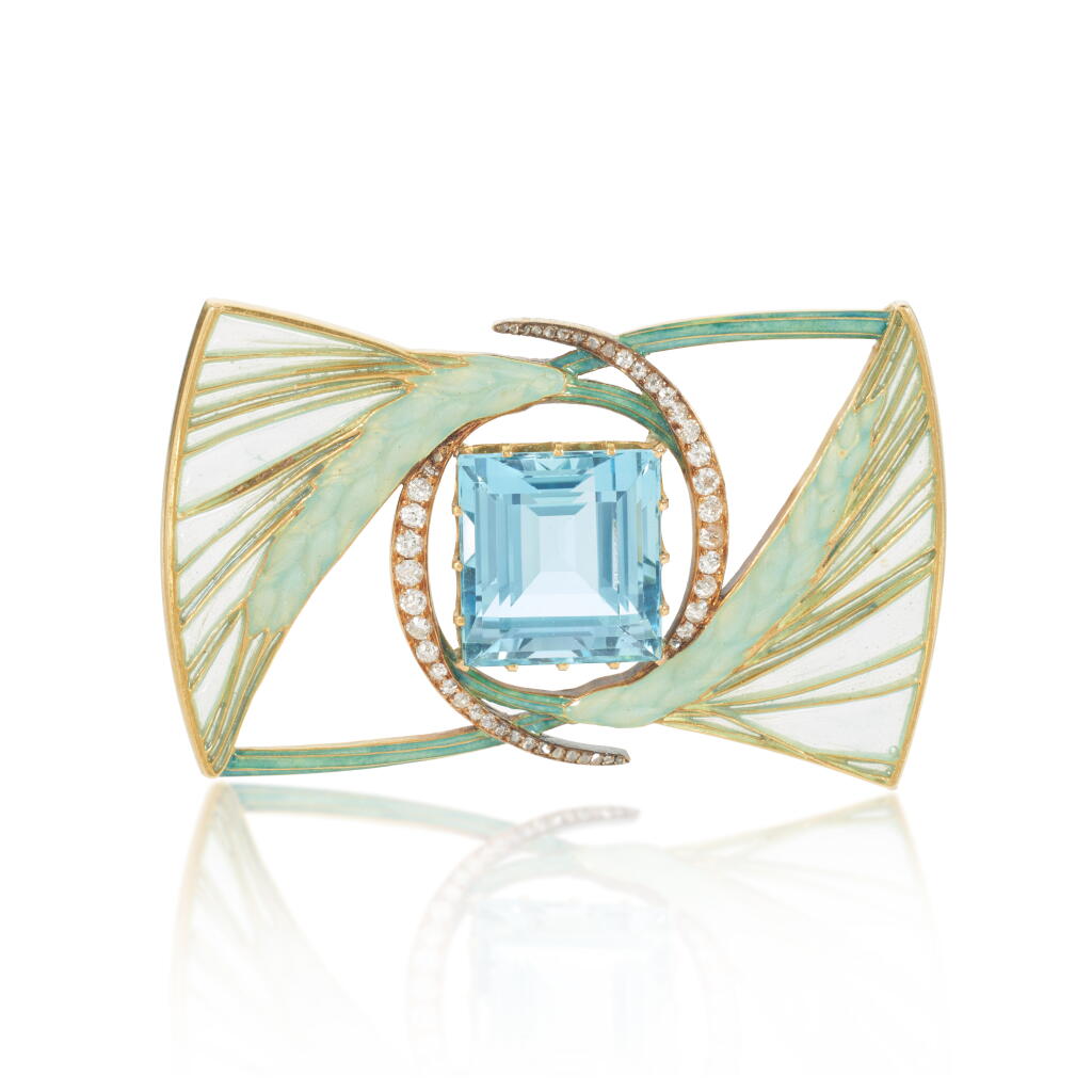 View full screen - View 1 of Lot 551. Aquamarine, enamel and diamond brooch.