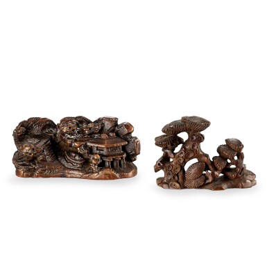 View full screen - View 1 of Lot 2002. A carved bamboo-root 'fisherman' seal and a carved bamboo-root 'pine' brushrest, Early Qing dynasty 清初 竹根雕漁歸圖印 及 竹根雕松樹筆擱.