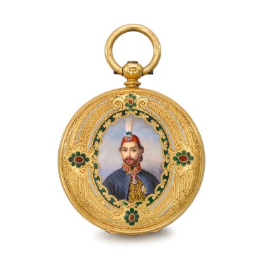 View full screen - View 1 of Lot 1365. A gold hunting cased 'demi-chronometre' lever watch made for the Ottoman market with polychrome enamel painted portrait of Sultan Abdulmejid I Circa 1850, no. 36629.