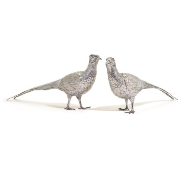 View full screen - View 1 of Lot 12. A PAIR OF SILVER COCK AND HEN PHEASANTS, PROBABLY GERMAN, CIRCA 1900.