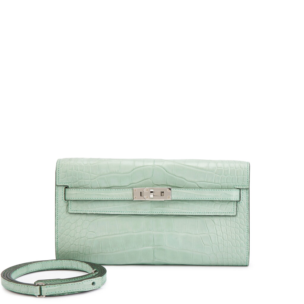 View full screen - View 1 of Lot 3098. Vert d’Eau Matte Mississippiensis Alligator Kelly-To-Go Wallet Palladium Hardware, 2023.