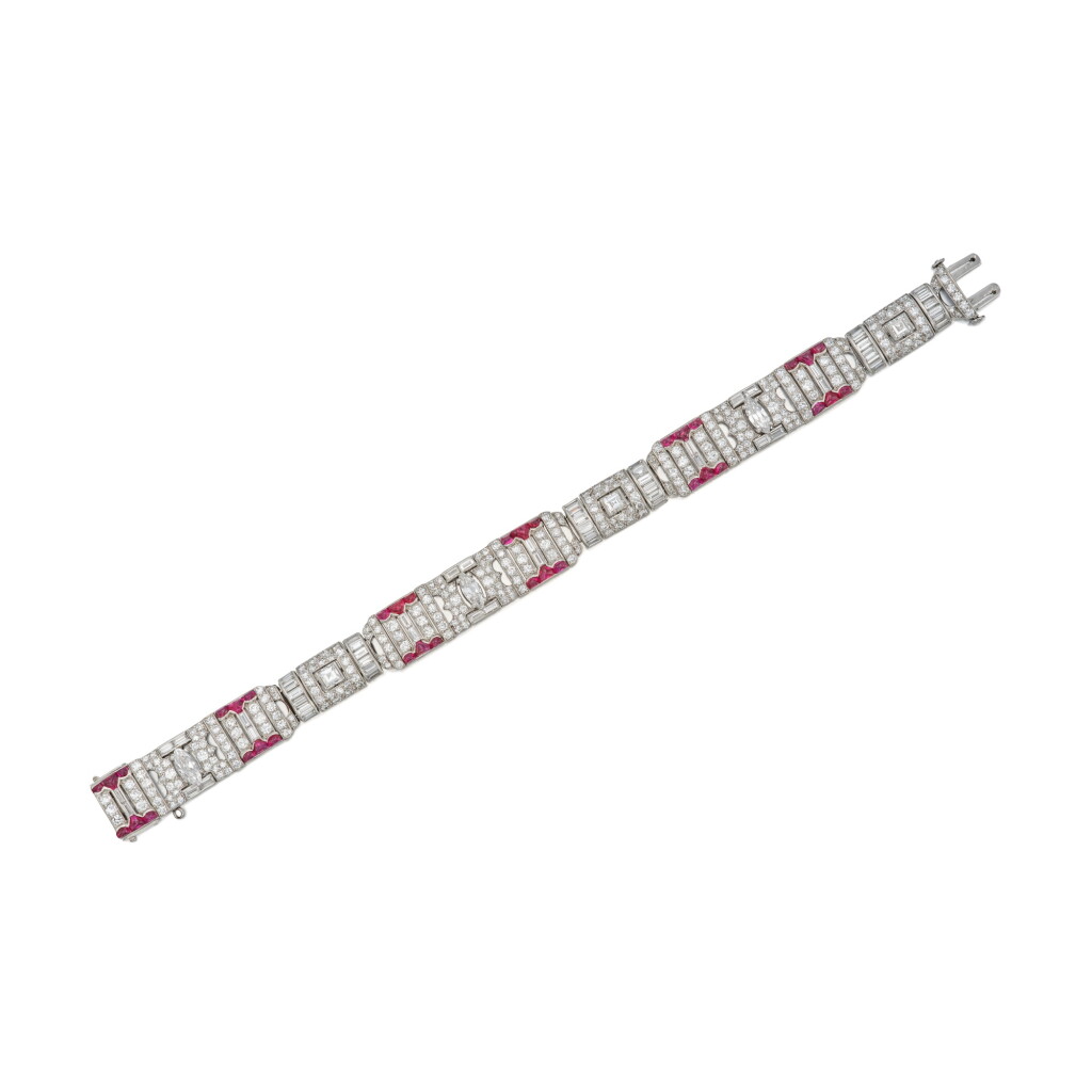 View full screen - View 1 of Lot 138. A Platinum, Diamond and Ruby Bracelet.