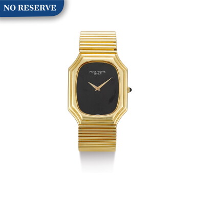 View full screen - View 1 of Lot 616. PATEK PHILIPPE | REFERENCE 3729/1, A YELLOW GOLD BRACELET WATCH WITH ONYX DIAL, MADE IN 1976.