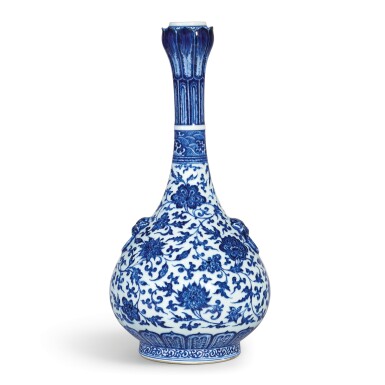 View full screen - View 1 of Lot 3609. An exceedingly fine and rare blue and white lotus-mouth bottle vase Mark and period of Yongzheng | 清雍正 青花纏枝蓮鋪首耳長頸蓮口瓶 《大清雍正年製》款.