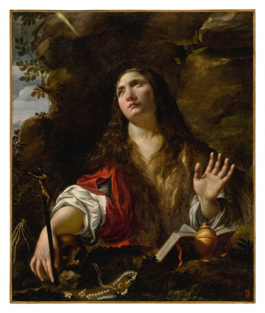 View full screen - View 1 of Lot 547. CIRCLE OF SIMON VOUET | PENITENT MARY MAGDALENE WITH ROSARY, IN A CAVE.