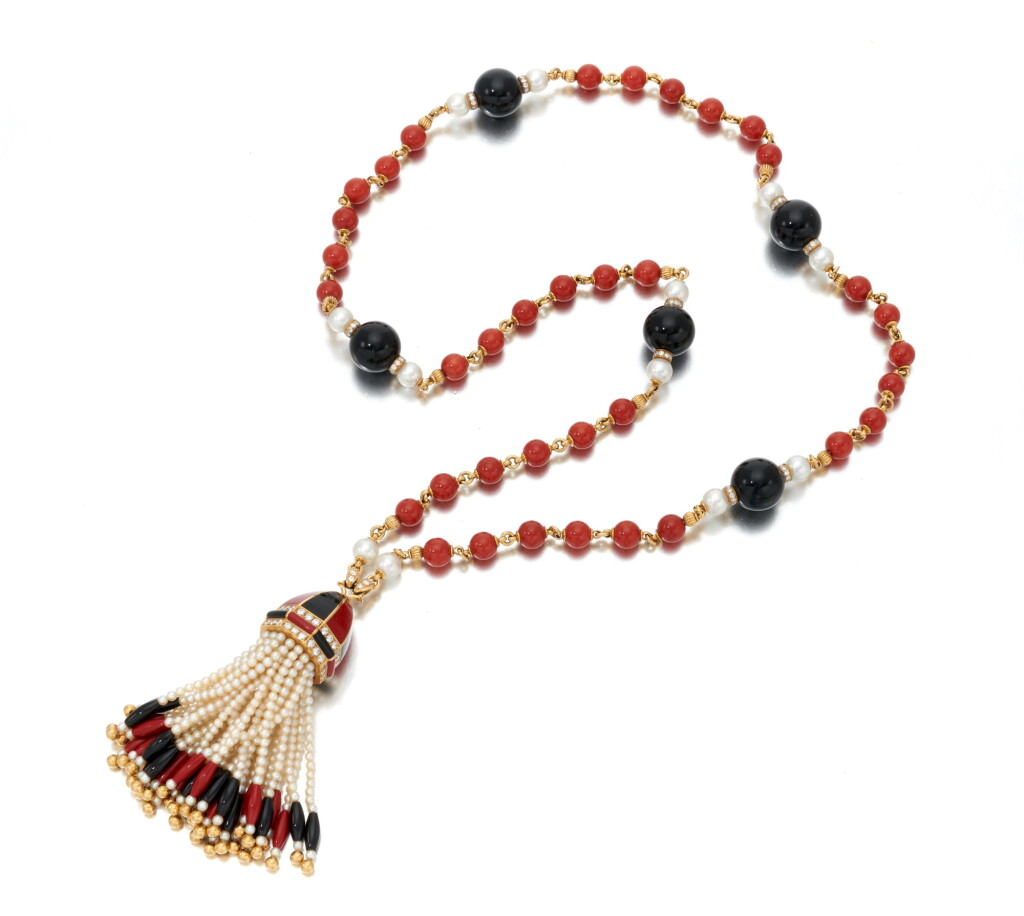 View full screen - View 1 of Lot 123. Enamel, oral, onyx and cultured pearl sautoir (Sautoir in smalti, corallo, onice e perle coltivate).