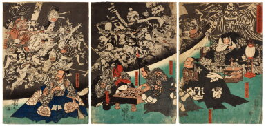 View full screen - View 1 of Lot 40. Utagawa Kuniyoshi (1797-1861) | The Earth Spider Generates Monsters at the Mansion of Lord Minamoto Yorimitsu (Minamoto Yorimitsu ko no yakata ni tsuchigumo yokai o nasu zu) | Edo period, 19th century .