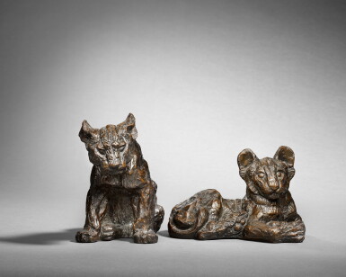 View full screen - View 1 of Lot 130. Pair of Lion Cubs, one seated, one reclining.