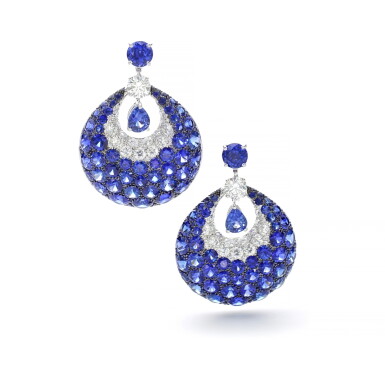 View full screen - View 1 of Lot 1102. Pair of sapphire and diamond earrings.