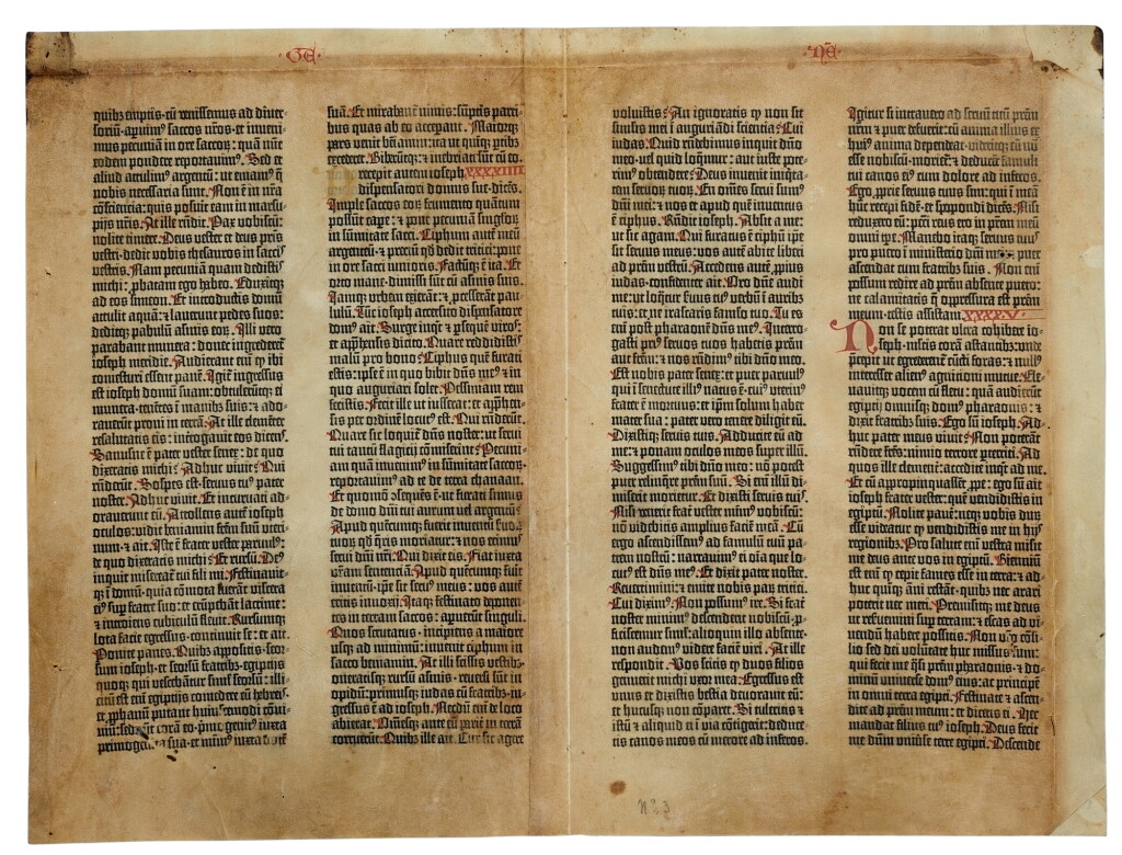 View full screen - View 1 of Lot 5. Bible, Latin | A bifolium from the Gutenberg Bible.