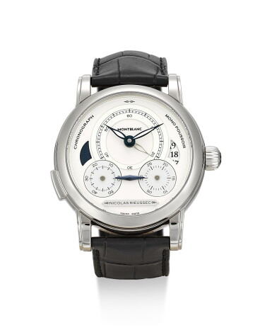 View full screen - View 1 of Lot 186. MONTBLANC | HOMAGE TO NICOLAS RIUSSEC II, REFERENCE MBR 200, A LIMITED EDITION STAINLESS STEEL DUAL TIME ZONE SINGLE BUTTON CHRONOGRAPH WRISTWATCH WITH DATE AND DAY AND NIGHT INDICATION, CIRCA 2015.