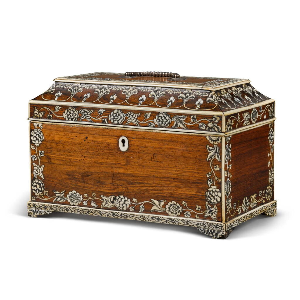 View full screen - View 1 of Lot 42. An Anglo-Indian ivory-inlaid silver-mounted rosewood tea caddy, Vizagapatam, third quarter 18th century.