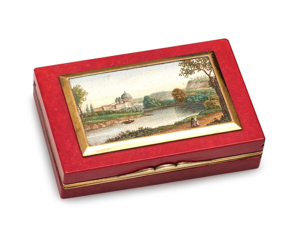 View full screen - View 1 of Lot 1183. A purpurine and micromosaic snuff box with silver-gilt mounts, Luigi Mascelli, Rome, circa 1820.