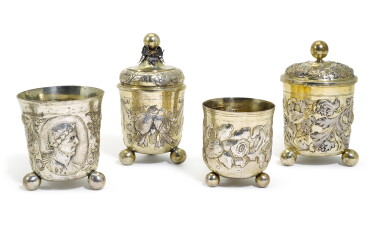View full screen - View 1 of Lot 166. A group of four similar German Baroque parcel-gilt silver beakers, different makers, Nuremberg and Augsburg, three late 17th century, one possibly late 17th century.