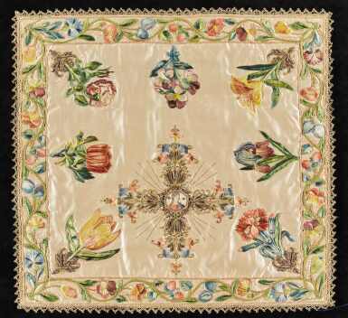 View full screen - View 1 of Lot 237. A fine silk and metal-thread embroidered ivory satin chalice veil, Italian, first half 17th century.