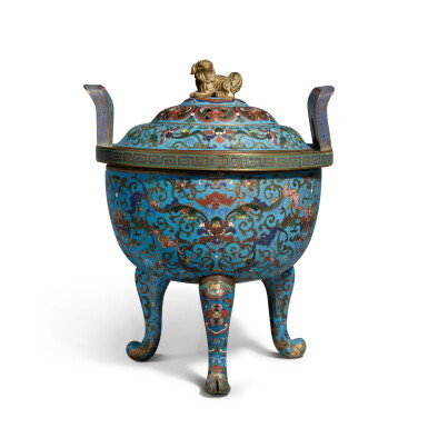 View full screen - View 1 of Lot 56. A champlevé enamel tripod censer and cover, Qing dynasty | 清 銅鏨胎琺瑯纏枝番蓮紋三足蓋爐.