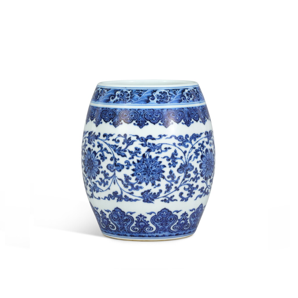 View full screen - View 1 of Lot 150. A fine blue and white barrel-form 'floral' jar, Seal mark and period of Qianlong.