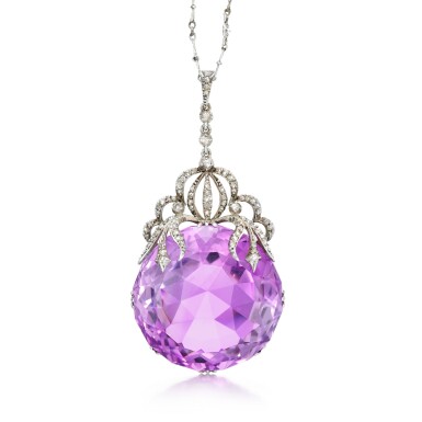 View full screen - View 1 of Lot 155. Amethyst and diamond pendant necklace.