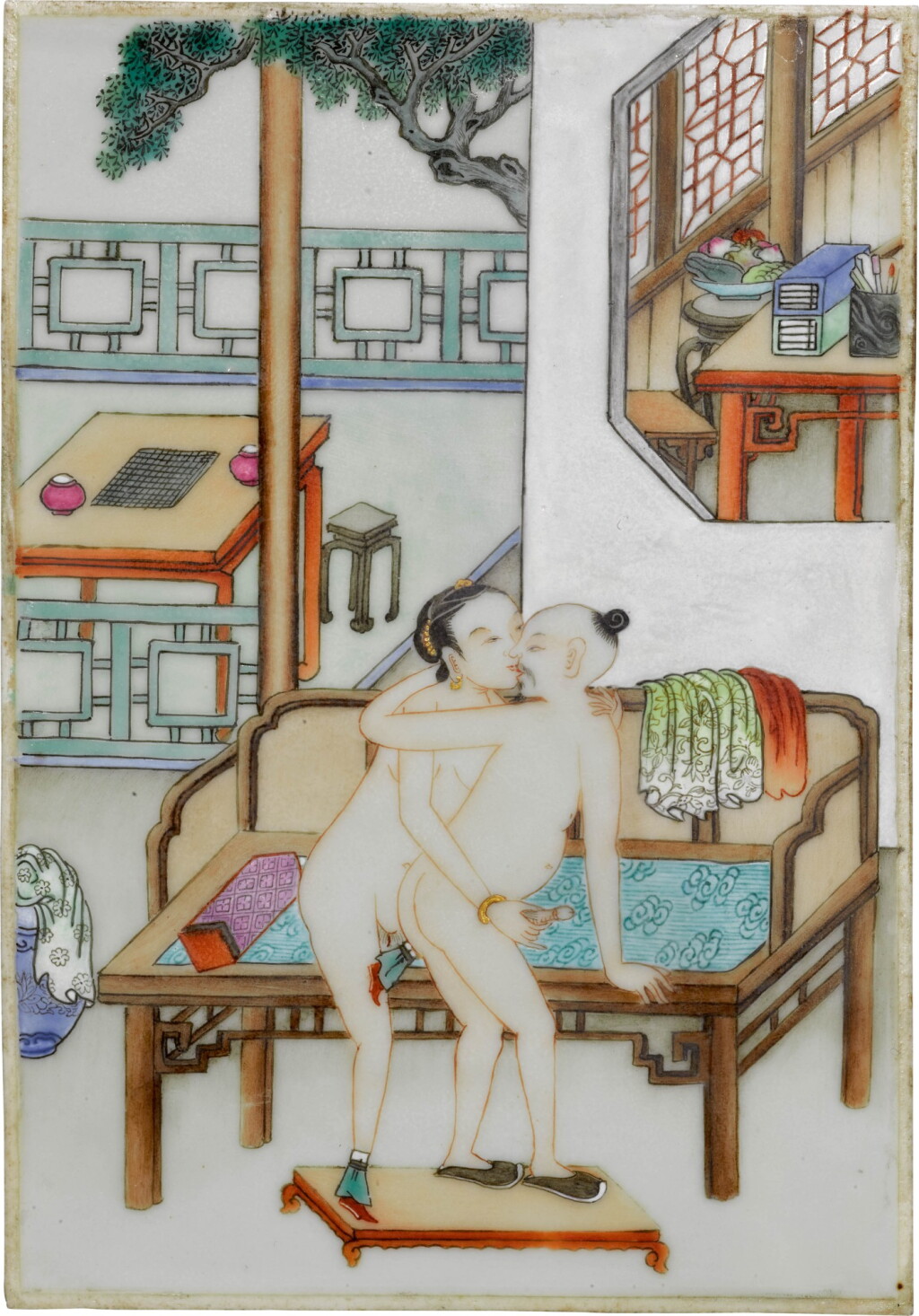 View full screen - View 1 of Lot 286. A SET OF FOUR FAMILLE-ROSE 'EROTIC' PLAQUES, QING DYNASTY, 18TH/19TH CENTURY | 清十八/十九世紀 粉彩春宮圖瓷板一組四件.