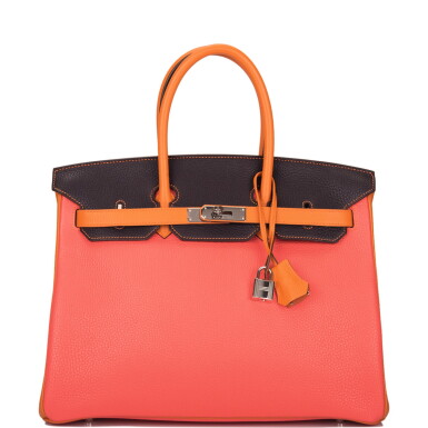 View full screen - View 1 of Lot 39. Hermès Horseshoe Stamped (HSS) Tri-Color Orange H, Rose Jaipur and Ebene Birkin 35cm of Togo Leather with Palladium Hardware.