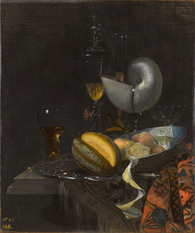 View full screen - View 1 of Lot 24. Still life with a nautilus cup, porcelain bowl, with fruit and glasses.
